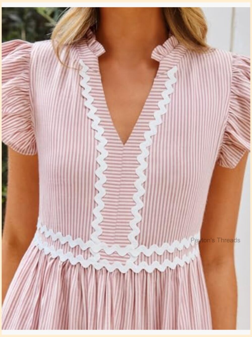 V Neck Flutter Sleeve Striped Ruffle A Line Mini Dress Beach Vacation - Picture 5 of 7
